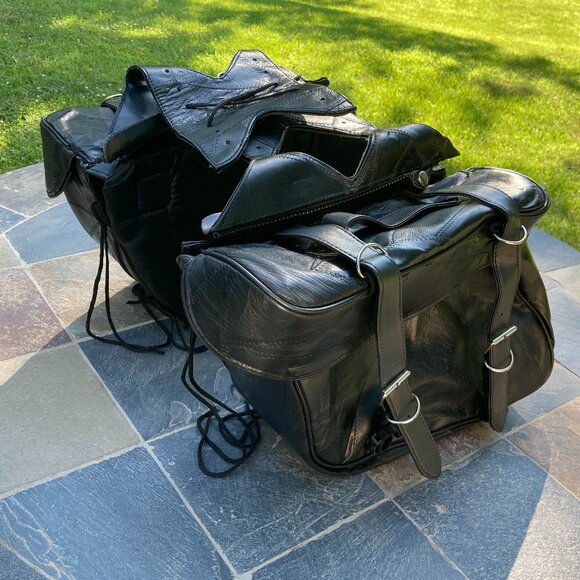 Diamond Plate Black Leather Motorcycle Saddlebags